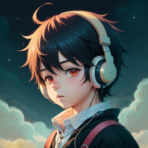 Anime Boy, England, Dark Night, Cute Art Style, With Headphones On His Head, Lofi Art Style, Cute Detailed Digital Art, Anime Aesthetic, Cute Anime, High Q...