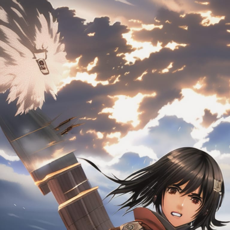 Create A Image Of Mikasa Of Attack On Titan Anime Series Where She Is Flying With ODM Gear And Her Face Is Looking Like Crying And Smiling At The Same Time...