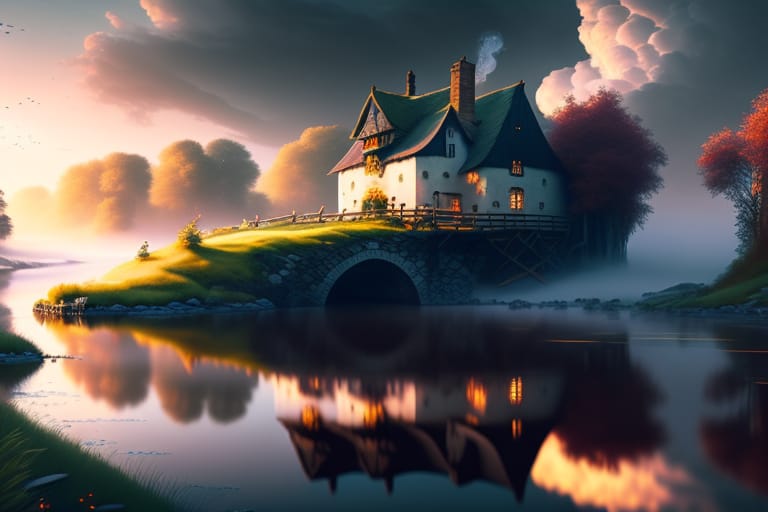 A Stunning Landscape ,river And A Watermill On It, Cottages, Trees, Clouds, Fairytale, Fantasy Art, Pacification, Sharp Focus, Emitting Diodes, Smoke, Arti...