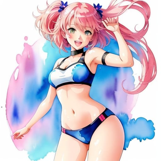 Perfect Happy Anime Girl, Perfect Body, Amazed Watercolor Technique, Wet-to Wet Watercolor Technique, Watercolor Wash Technique, Perfect Colorfull Backgrou...