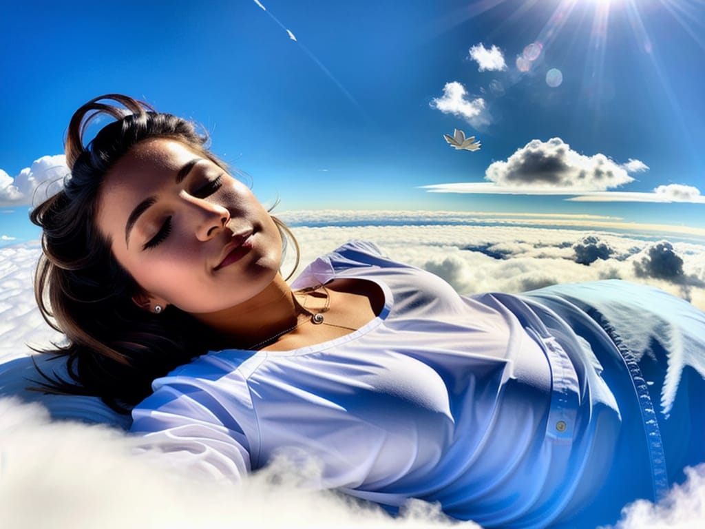 European Lady Sleeping On A White Cloud Flying In The Sky. Besides Some Other Clouds And The Lady, There Is Only A Light-blue Sky. The Cloud Looks A Little...