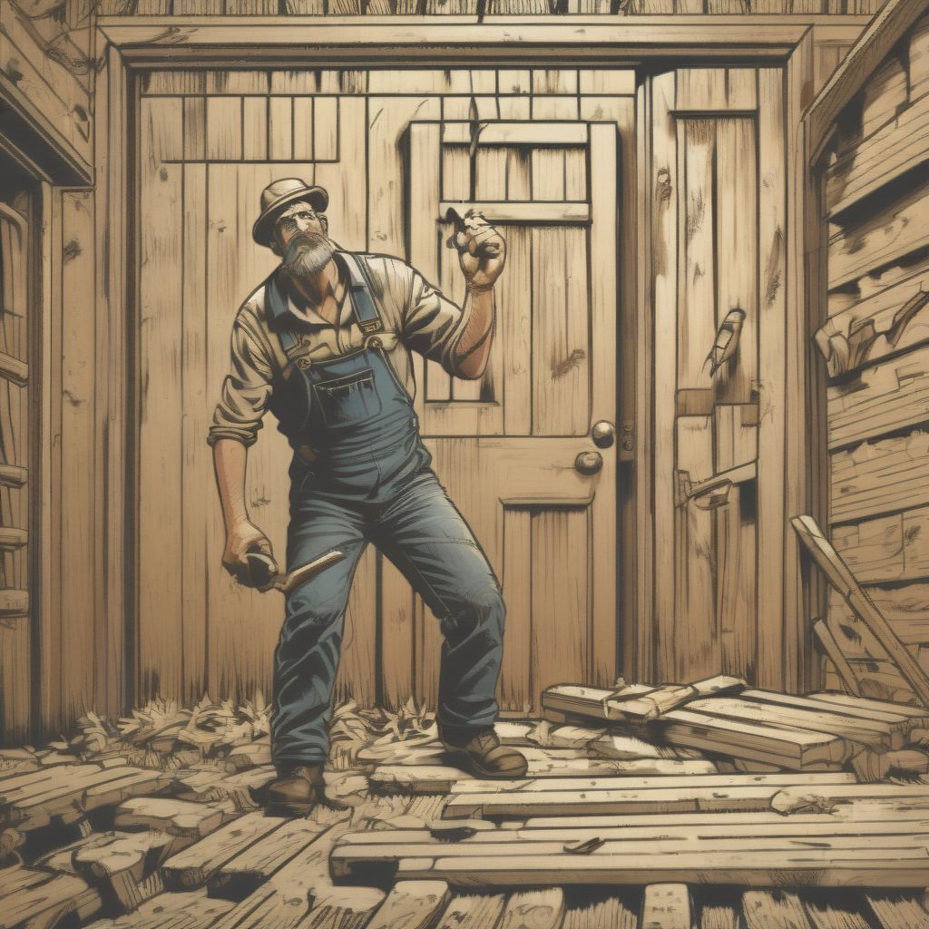 Farmer With A Hammer Nails Up With Wooden Boards The Door, Comic Style