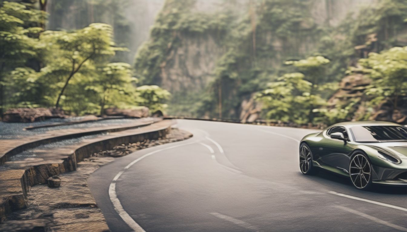 "Capture The Essence Of A Breathtaking Scene With A Beautiful Natural Backdrop, An Ancient Road Leading The Way, And An Advanced Sports Car Positioned In T...