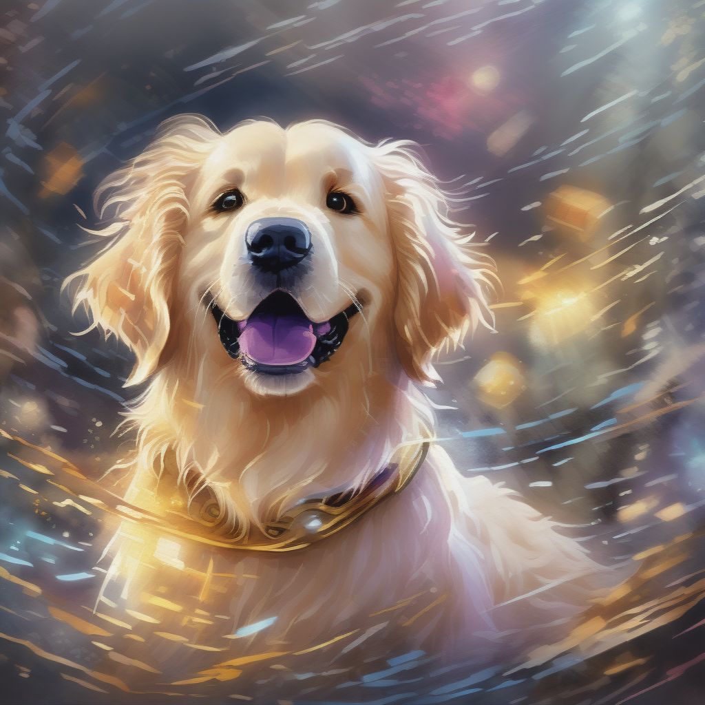 (masterpiece, Ultra High Quality), Digital Watercolor Illustration, Beautiful And Cute Dog Golden Retriever, Character Portrait, Soft Colors, Luminism, Chi...