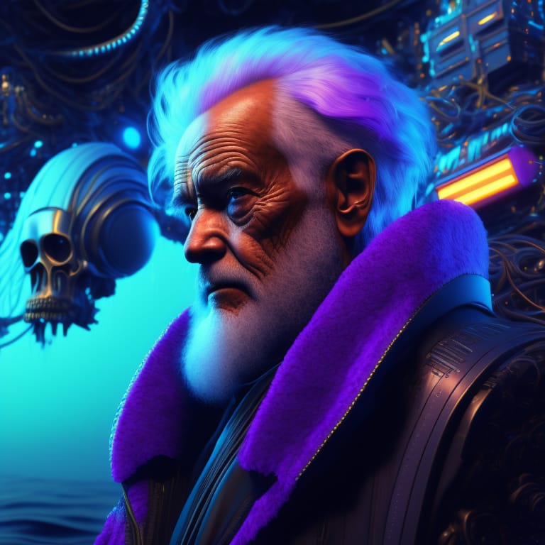 Neonpunk Style,portrait Of An Old Man With Wrinkles That Look Like Computer Cables,lots Of Shaggy Cables Instead Of Hair,atmospheric: Old Man And Sea; Back...