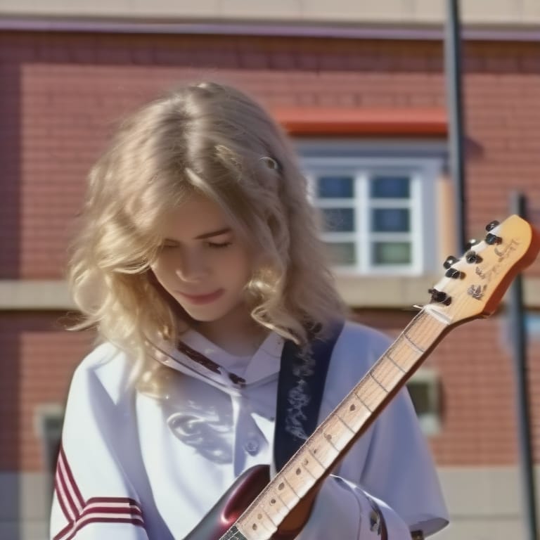 European Teenager In A School Uniform Plays An Electric Guitar Against The Backdrop Of A School, Full Length Photo, Sunny Day, Semirealistic