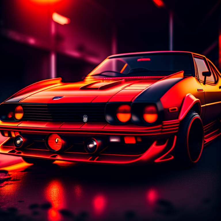 "CAR RETRO 1980" Wheels And Suspensión, RED BULL STYLE Matte Black, Red Light Paint, Soft Natural Light, Intricate, Insane. Photosrealistic, Low Angle Shot...