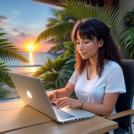 Person Digital Nomad, Nomades Digitais, Ultra Realistc, Person Work From Anyware In Notbook Pool And Beach Or Resort All In Cluse, Relex, Person Work In La...