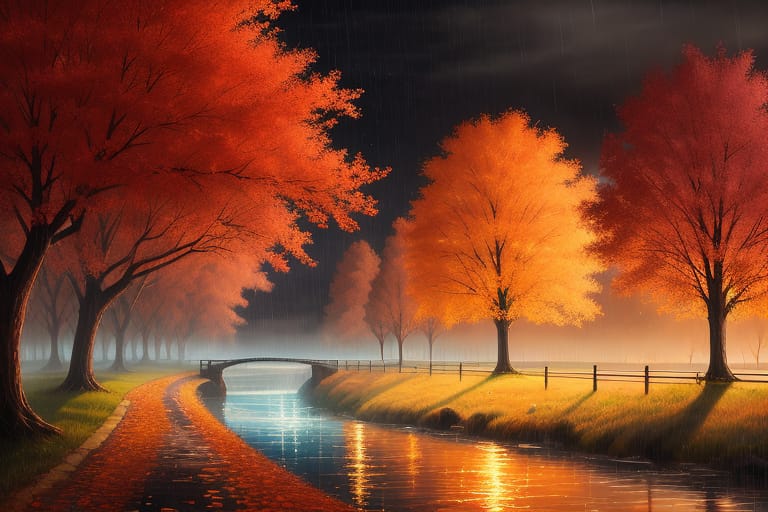 Heavy Rain At Sunset, Autumn Tree Beside A River