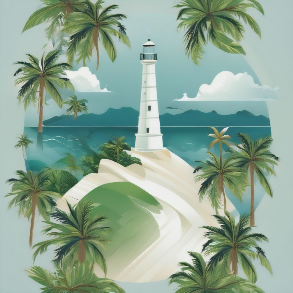 Blue And Green Minimalist Logo Of A High Hill With White Lighthouse At The Top, Big Hill With Trees, Lighthouse At The Top, On Tropical Island With Coconut...