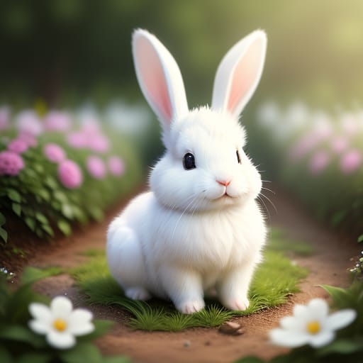 An Ultra Realistic Image Of A White Bunny Rabbit In A Garden, Sitting In A Nest, Scene Is Well Lit, Create Shallow Depth Of Field And Motion Blur With Long...