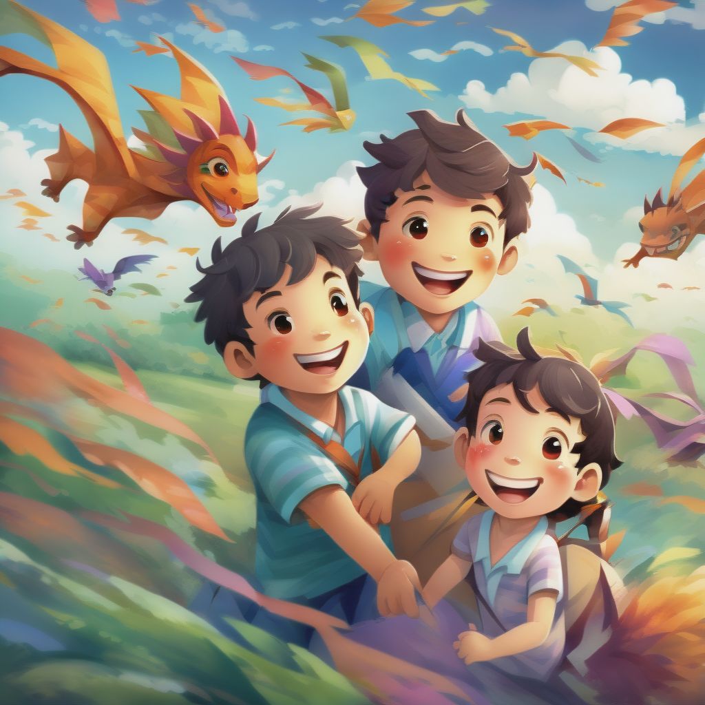 Painted Style Illustration For A Simple Children's Picture Book. Not Many Details Give Me The Same Children In The Same Field, One Of The Boys Is Now Flyin...