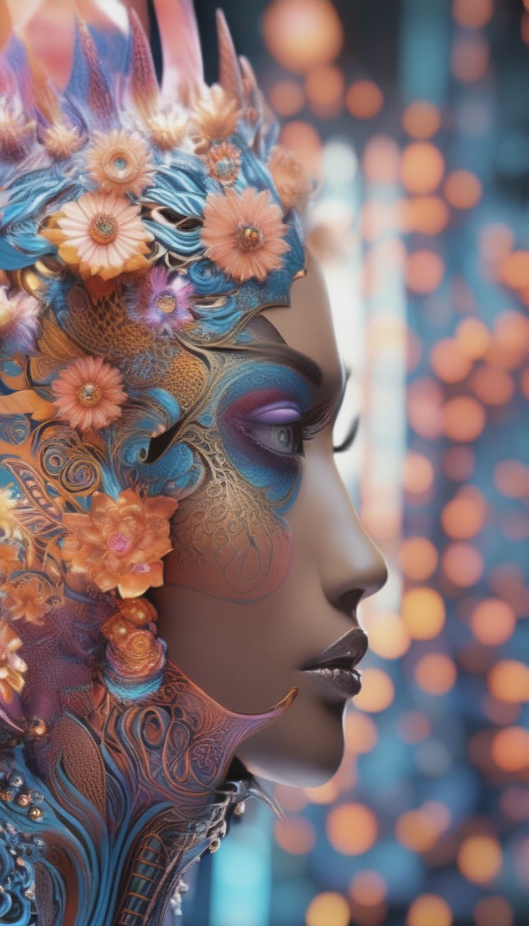 Generate An Incredibly Detailed, High-resolution (8k) Image Of A Beautiful Fractal Robotic Woman With A Mixed-race Fashion Portrait. The Woman Should Have...