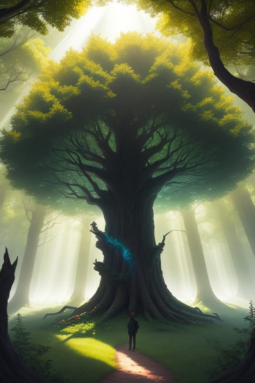 An Enchanted (stunning, Detailed, Fantasy Art:1.2) Scene Unfolds With A Colossal Mystical Oak Tree, Piercing Sunbeam Illuminating Its Splendor. A Mesmerize...