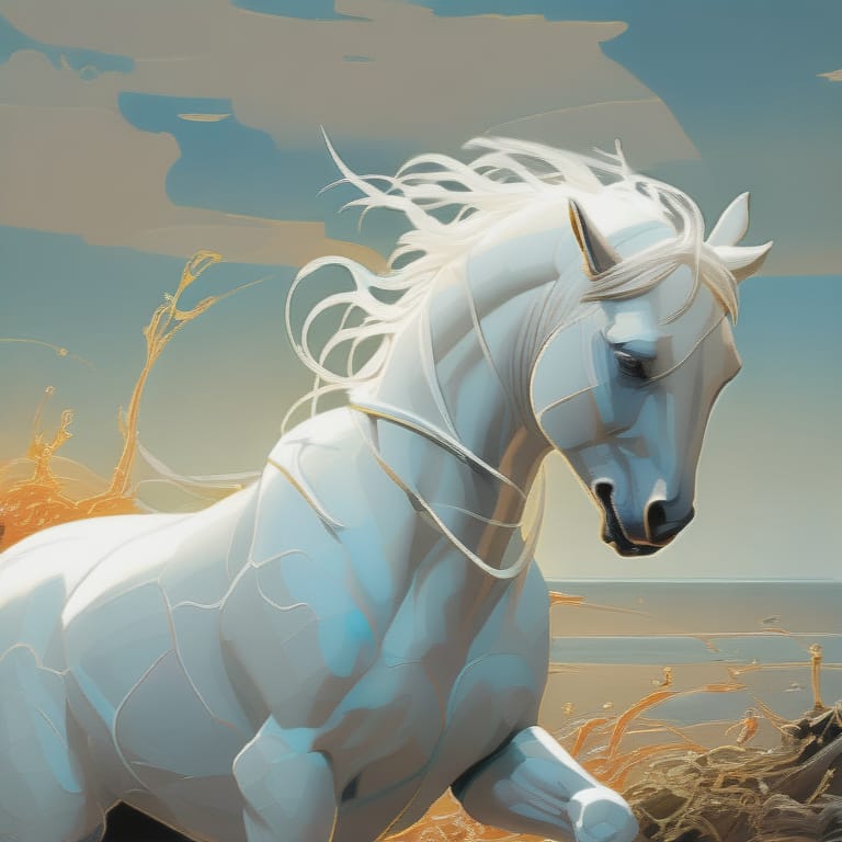 Digital Art Of A Ghostly White Horse. Running On The Seaside Has White Fur And Bright Eyes. High Precision, 8 Kilometers, Oil Painting, Detailed Masterpiec...