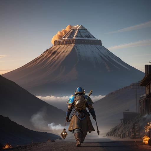 Fantasy, Semi Realistic, 2d, Full Shot, Polluted Mountain City, Volcano Shot 35 Mm, Semi Realism, Octane Render, 8 K, Exploration, Cinematic, Trending On A...