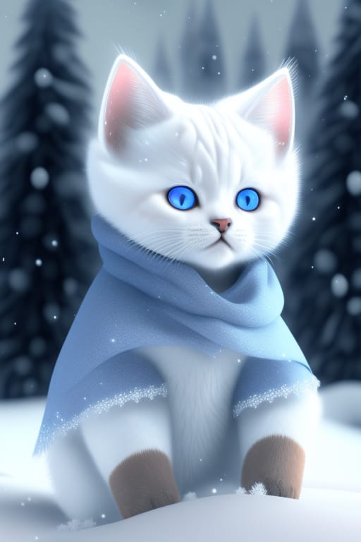 Step Into A Range Of Styles And Variations With This Prompt, Showcasing An Anthropomorphic White Kitten Donning A Winter Costume And Hat, As They Play In T...