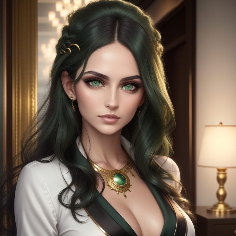 32 Year Old, Greek, Women, Drown Hair, Deep Green Eyes With Gold In The Center, Intricate Eyes By Tom Blackwell, Business Casual Attire, Semirealistic
