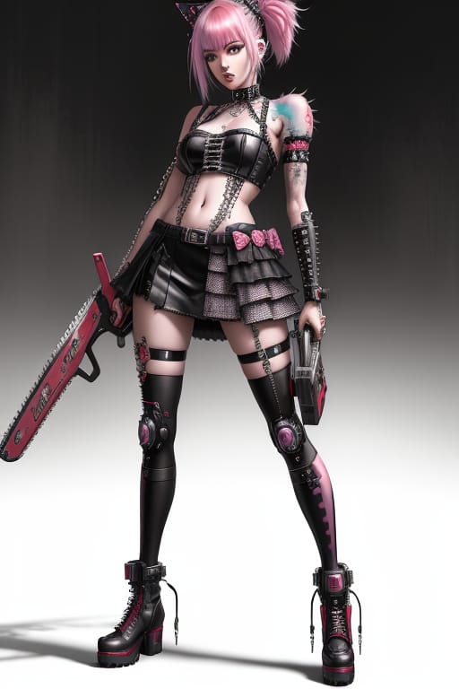 Alice Stands Holding A Chainsaw That Has Been Converted Into A Girly, Punk, Gothic, Pop Cyborg. Ukiyoe. Picture Book. Oil Painting. Unreal Engine. Full Bod...