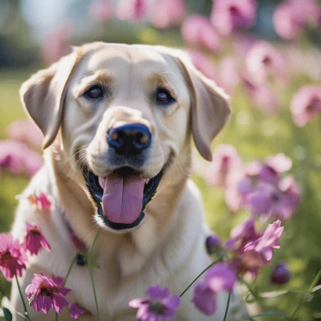 A Close-up Shot Of A Playful Labrador Retriever In A Sunlit Park, With Vibrant Green Grass And A Backdrop Of Colorful Flowers, The Dog's Fur Glistening In...