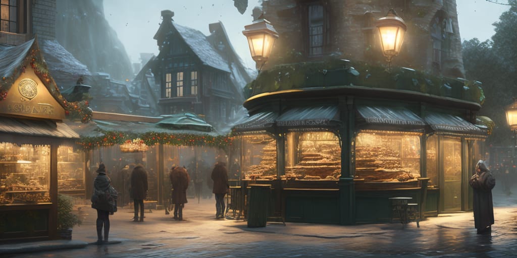 Victorian Christmas Market, Coffee Shop Ambience, Bake Shop, Night Time, Christmas Decorations, Cartoon, Illustration, Realistic, Epic Concept Art By Barlo...