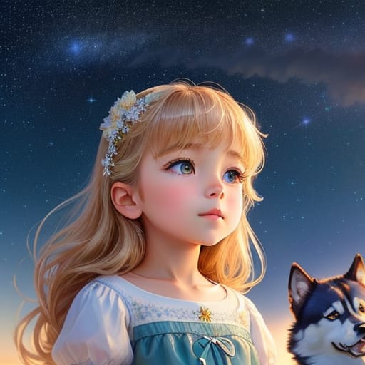 A Cute Pretty Elegant Looking 6 Year Old Female Kid Amazed Face Looking Up At The Night Starry Night Sky On A Grassy Hill, , And Handsome Husky Dog Looking...