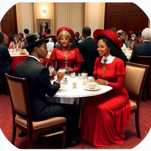 African American Ladies Of All Ages Sitting At A Table Drinking Tea; Senior Ladies Wear Hats Like They Are Going To Church; All Ladies Are Wearing Red Dres...