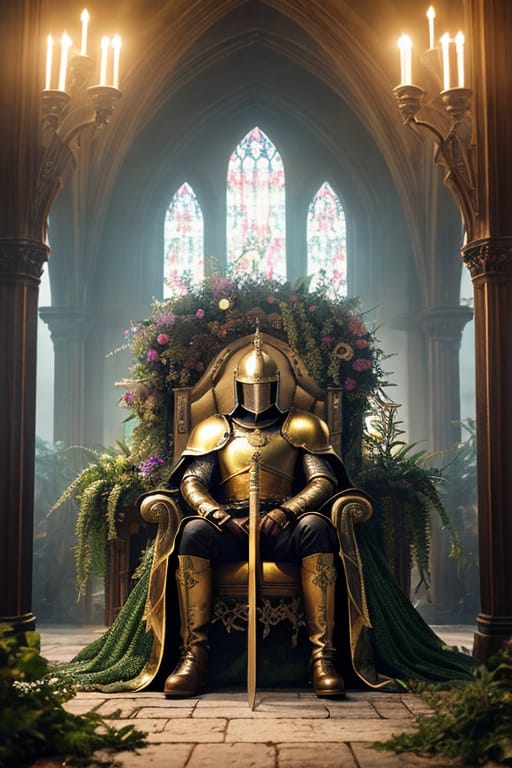 Knight In Hyper Realistic Magical Light Gold, A Helmet With Blue Eyes, Sitting On A Throne With A Cape, A Cross Drawn On The Armor, A Huge And Shiny Sword,...