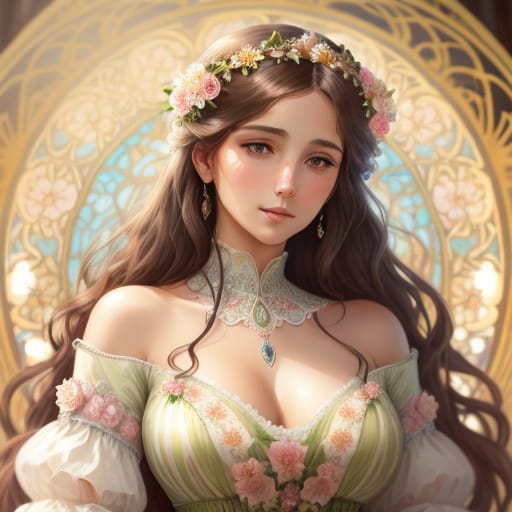 Elegant Lady, Dressed In A Flowing Art Nouveau Summer Dress Made Of Chiffon, She Wears Flowers In Her Hair, In The Tilt-shift Effect For Selective Focus Ac...
