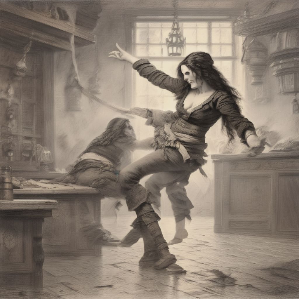 Two Female Pirats In A Pub In The 18th Centuary. They Are Barefoot And Fighting Each Other.