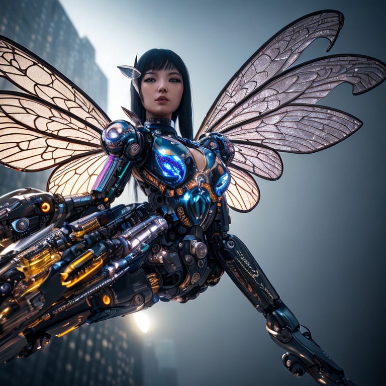 Robotic Fairy, Transparent Wings, Flying On The City Sky, Mechanisms, Illumination, Macro Photography, Photorealism, Hyper Detailed Complicaed Robotics Par...