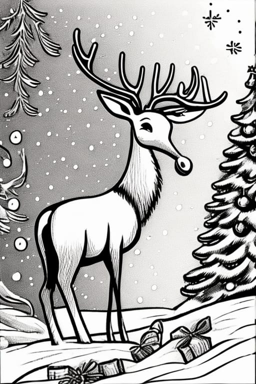 In The Midst Of A White Expanse, A Charming Christmas Reindeer Stands Ready To Pull A Sleigh Overflowing With Gift Boxes, Sketched Finely In Monochrome Sha...