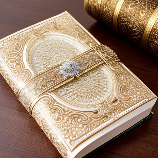 White Colored Book, 3D Relief, Paperblanks, Hyperrealistic Neo - Rococo Steampunk Bright Book Covered In Jewels, Highly, Background Brown, Detailed Digital...