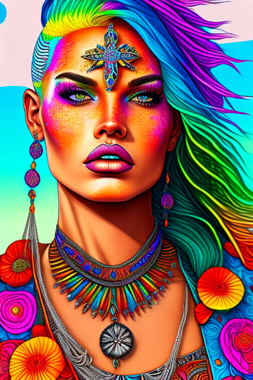 Close-up Of The Most Finest Face Top-model Woman With Freckles, Bright Ultra Vivid Rainbow Hair, Going On Holiday To Ibiza, Ibiza Colours, Boho, Sand Sun,...