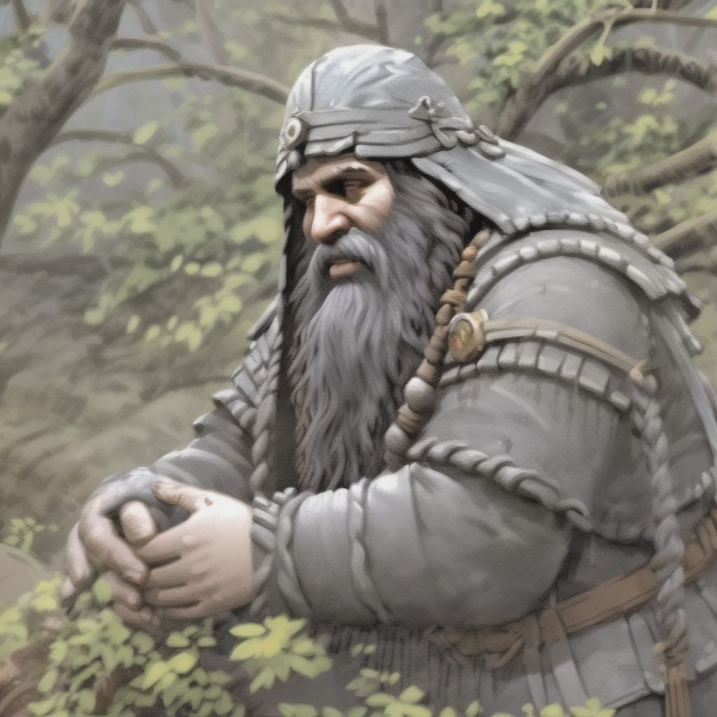 Behind A Bush, The Heroes Discover A Small, Corpulent Dwarf Who Has Just Woken Up From A Swoon. He Wears A Gray Felt Cap And Long Chain Mail. He Has Braide...