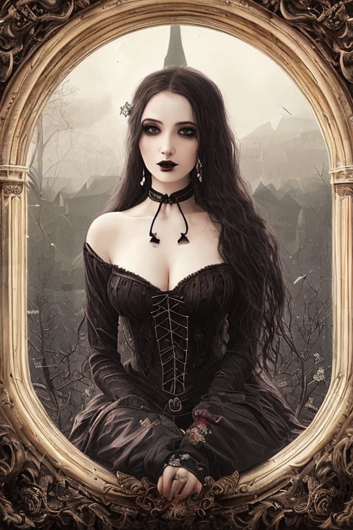 (masterpiece, High Resolution, Gothic Fantasy Art:1.3), Mysterious Woman, Carries A Lot Of Makeup Gorgeous And Alluring Face, Insane Marked Eyebrows, Large...