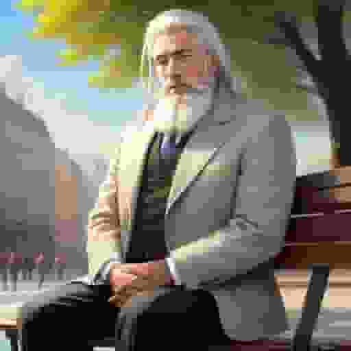 man sitting on park bench with white hair and beard. impressionism style oil painting