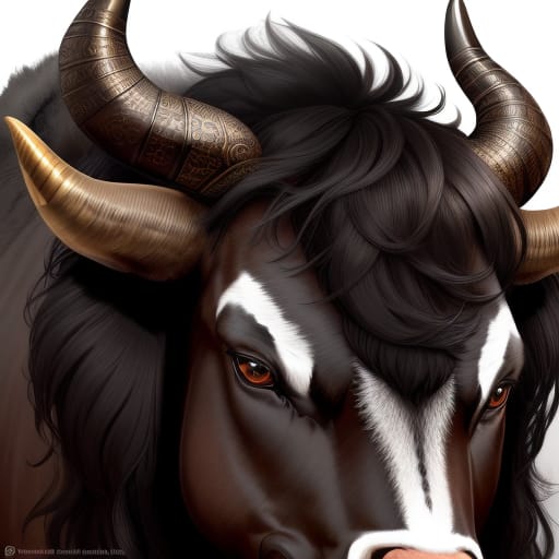 Black Bull With Elegant, Curved Horns Adorned With Intricate Patterns. Its Brown Eyes Gaze Directly At The Viewer Against A Dark Background. The Contrast I...