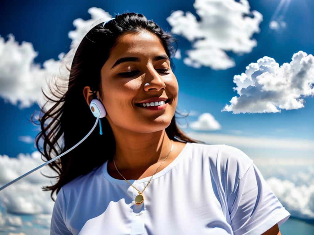 European Lady Sleeping On A White Cloud Flying In The Sky. Besides Some Other Clouds And The Lady, There Is Only A Light-blue Sky. The Cloud Looks Like A W...