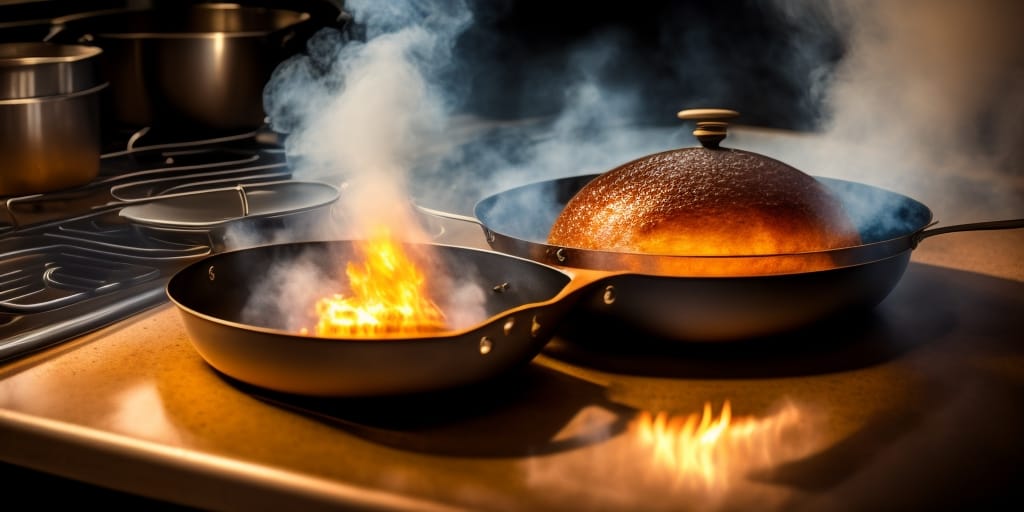 Wide Image Suitable For A Header, Photo-realistic, A Profile Shot Of A Frying Pan On A Stove, The Food In The Pan Is A Chemical Cauldron Of Creepy Chemical...