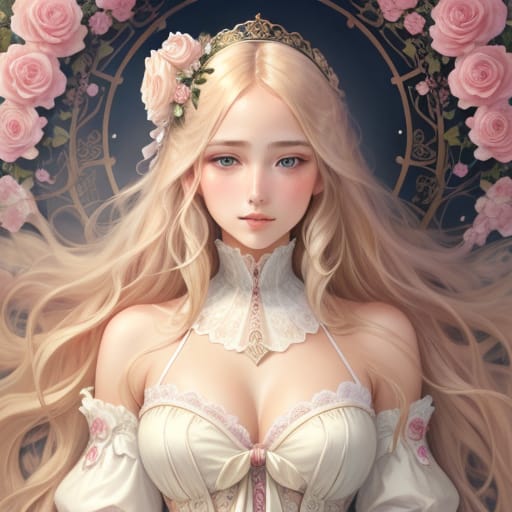 Digital Female Model, Long Blonde Hair Decorated With Roses, Elegantly Dressed, Dress Made Of Pastel Organza, Decorated With Pastel Ribbons, Two White Dove...