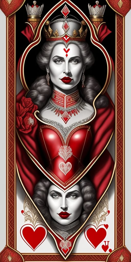 Using The Provided Reference Image Of The Queen Of Hearts Playing Card, Create A New Rendition While Preserving The Classic Playing Card Format. Specifical...