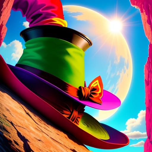Imaginary Cartoonish, Unrealistic, Fantastic, Fantasia Style Surreal And Unrealistic Close-up Of The Mad Hatter Wearing Bright Green Top Hat And Long Red C...