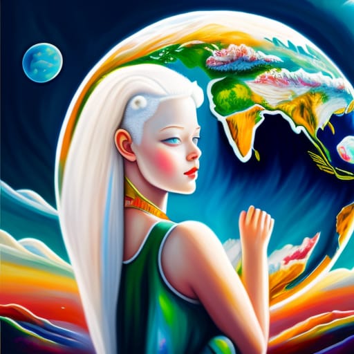 A Girl Hugging The Planet Earth, Beautiful Albino Girl , Cartoon Style, Vibrant Skin, Extremely Delicate, Insanely Detailed, Hdr, Vibrant Tones, Approachin...