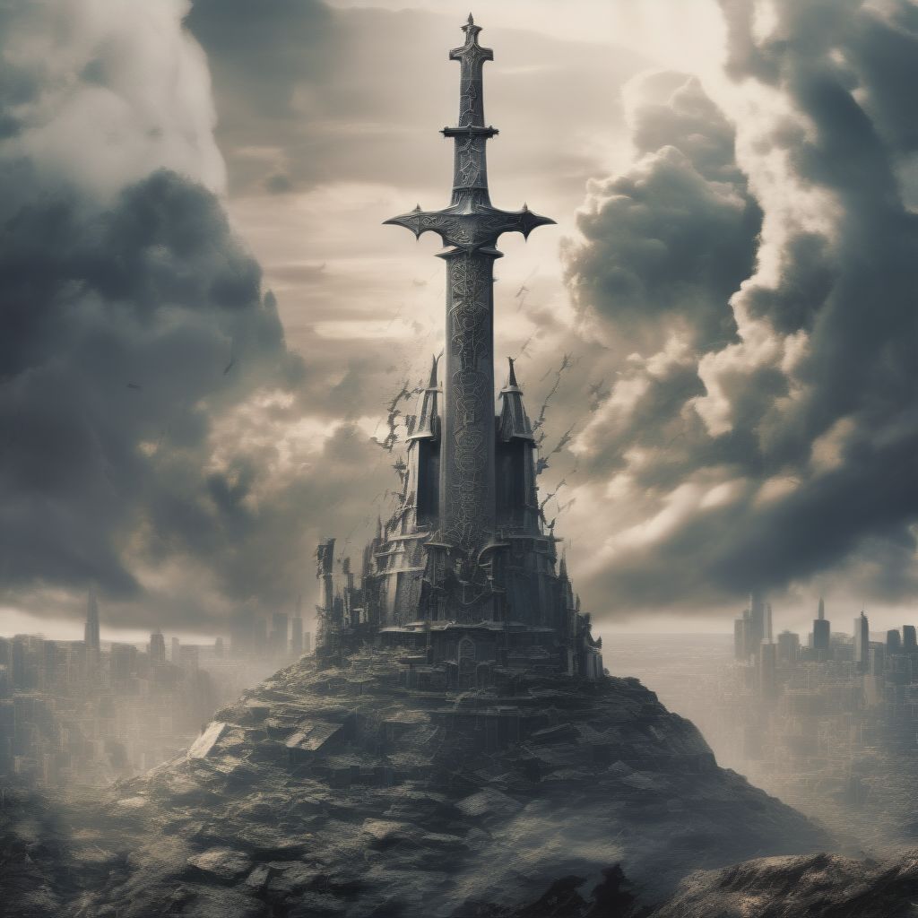 A Sword In A Stone Upon A Large hill, On A Hill a Gothic Church, Apocalypse setting, Apocalyptic City Scape, Evil All Around