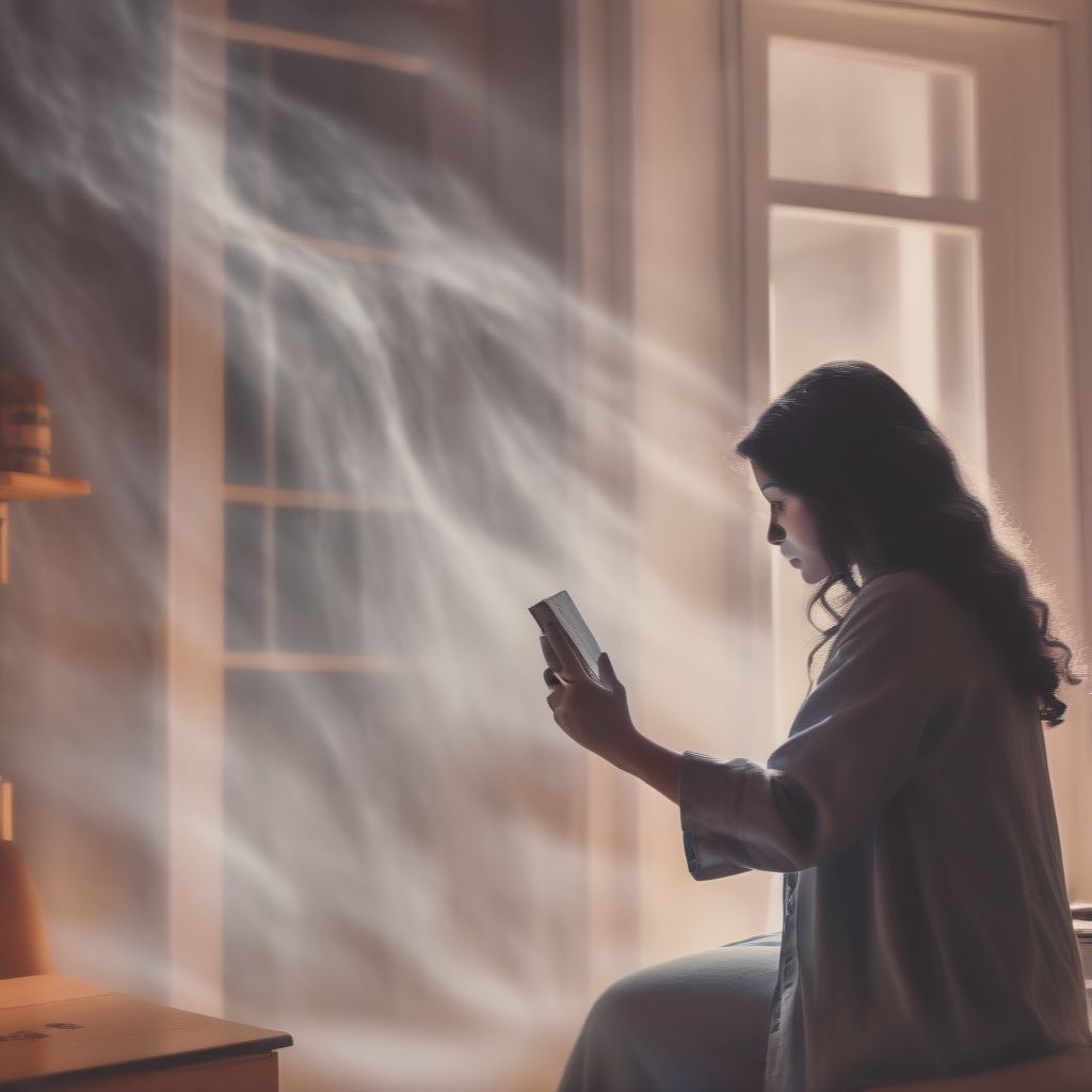 A Woman Siting In A Warm Home Reading A Book Unaware That There Is A Dark Ghost Behind Her Reaching Out To Grab Her On The Shoulder