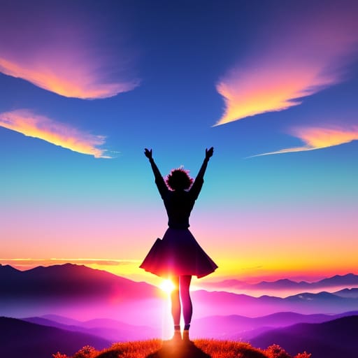 A Silhouette Of A Person With Arms Outstretched, Standing On Top Of A Hill Or Mountain Peak, Facing A Beautiful Sunrise Or Sunset. In The Background, There...