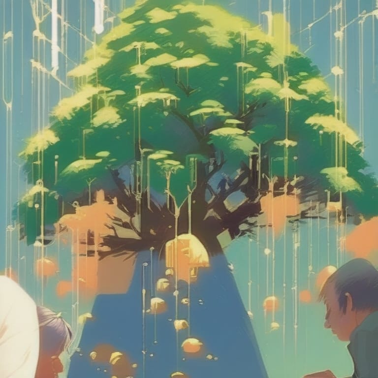 WITH ROOTS IN MOLECULAR SHAPE, PEOPLE PLANTING A TREE, Acrylic Painting, Trending On Pixiv Fanbox, Palette Knife And Brush Strokes, Style Of Makoto Shinkai...