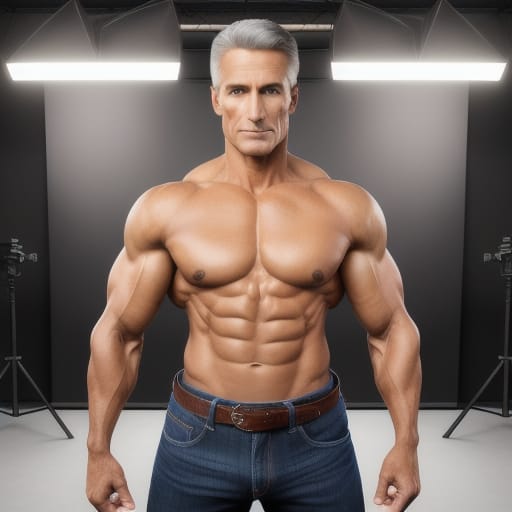 High Octane Highly Detailed Photorealistic, Full Length, Full Body, Photo Of A Handsome Athletic 55 Year Old Man, Firm Jaw, Chiseled Cheekbones, Muscular,...