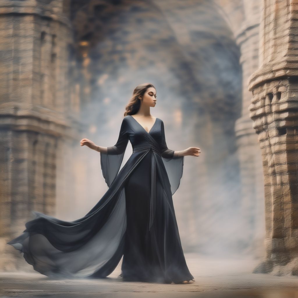 A Woman Poses In A Black Dress, In The Style Of Soft Edges And Atmospheric Effects, Romanesque, Pop Inspo, Michael Malm, Close-up Shots, The Blue Rider, Wa...